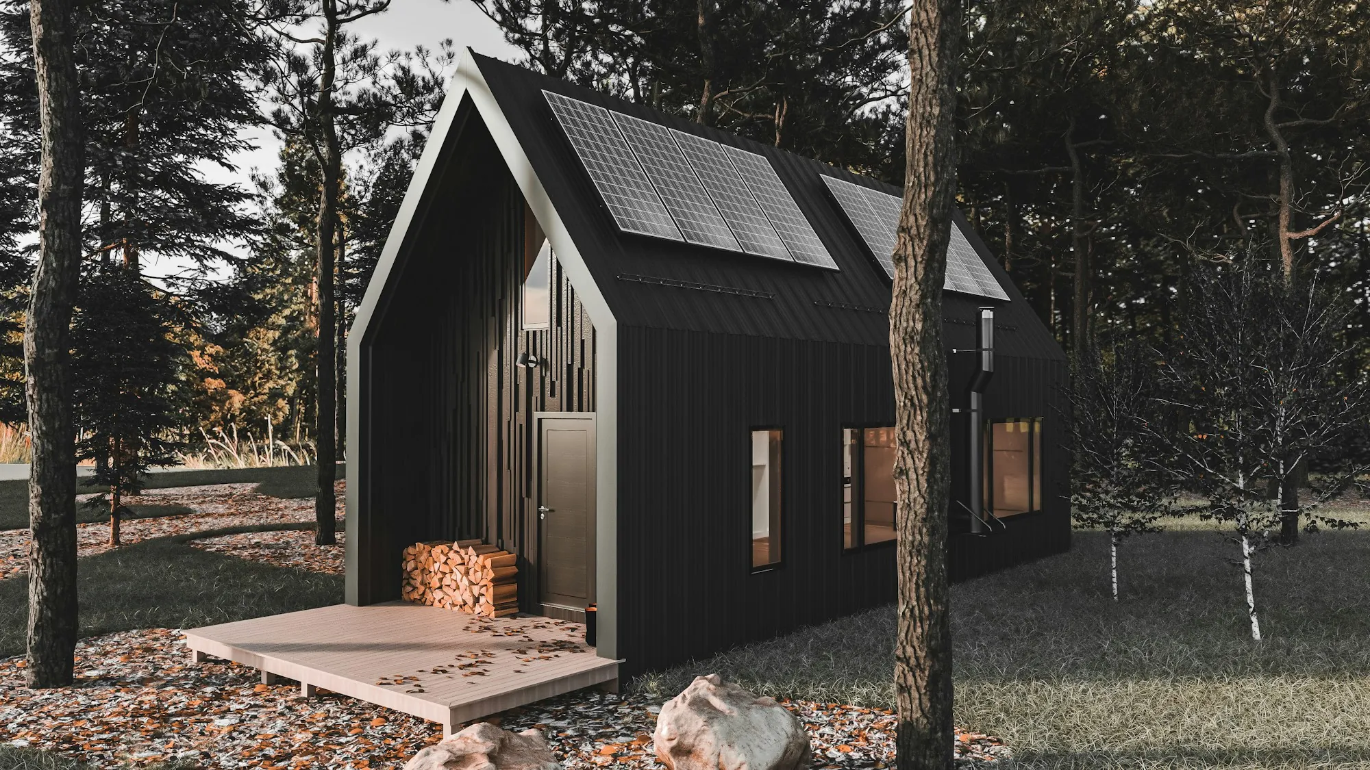 Small dark-sided backyard cottage among trees